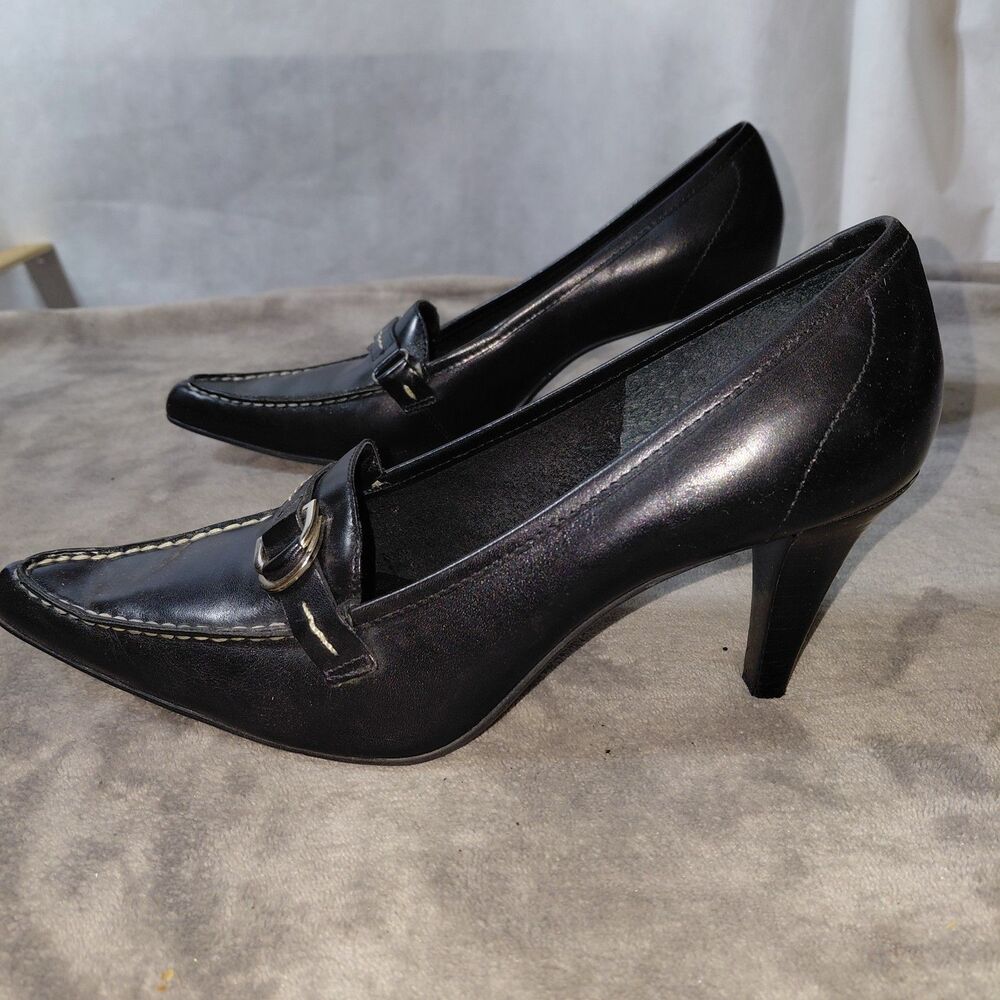 Franco Sarto Pump Heel Womens 8M Black Leather Pointed Toe High Stiletto Buckle - Picture 6 of 14